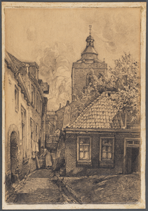 33134 Gezicht in de Bakkerspoort (Mariastraat) te Utrecht met op de achtergrond de toren van de Buurkerk (Buurkerkhof 10).